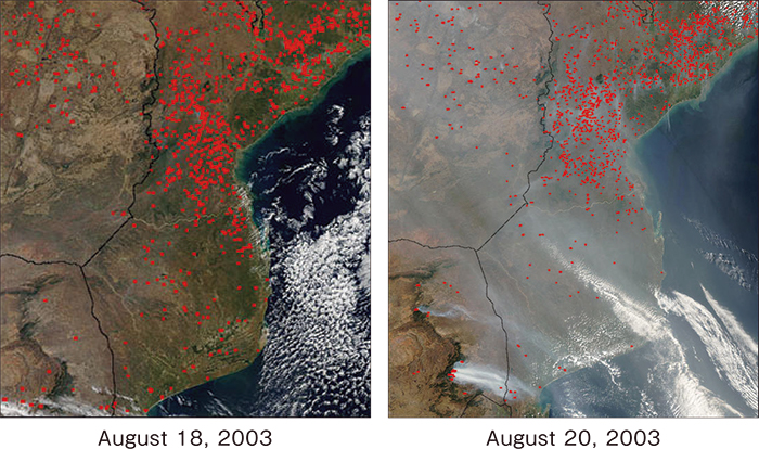 Fig.1:The regional distribution of hot spots superposed upon the color composite images of (R,G,B; MODIS/Band 1, 4, 3: MOD02 Collection 6) over the southern Africa on 18 and 20 in August, 2003 derived from the Rapid Fire Response System (NASA/MODIS/MOD14 Collection 6). 図1：2003年8月18日（左図）並びに20日（右図）にNASA/MODISセンサーが南アフリカ上空で観測したデータから作成した画像とホットスポットの分布図(NASA/MODIS/MOD14 Collection6より)．